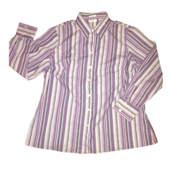 Liz & Co. Purple & Green Striped Long Sleeve Button Front Shirt Plus Size 1X - Picture 1 of 3